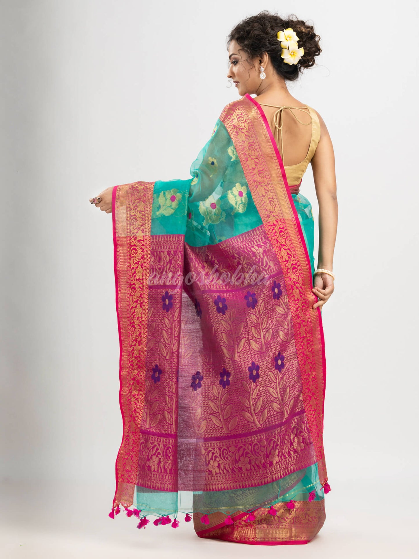 Turquoise art silk Muslin Jacquard Jamdani saree