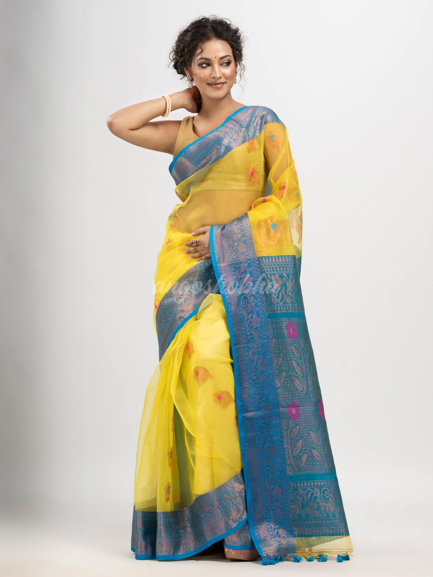 Yellow art silk Muslin Jacquard Jamdani saree