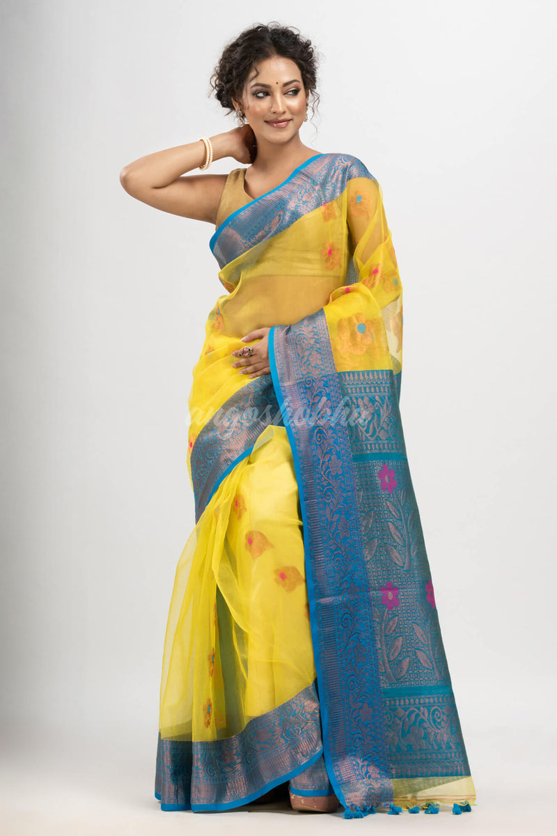 Yellow art silk Muslin Jacquard Jamdani saree