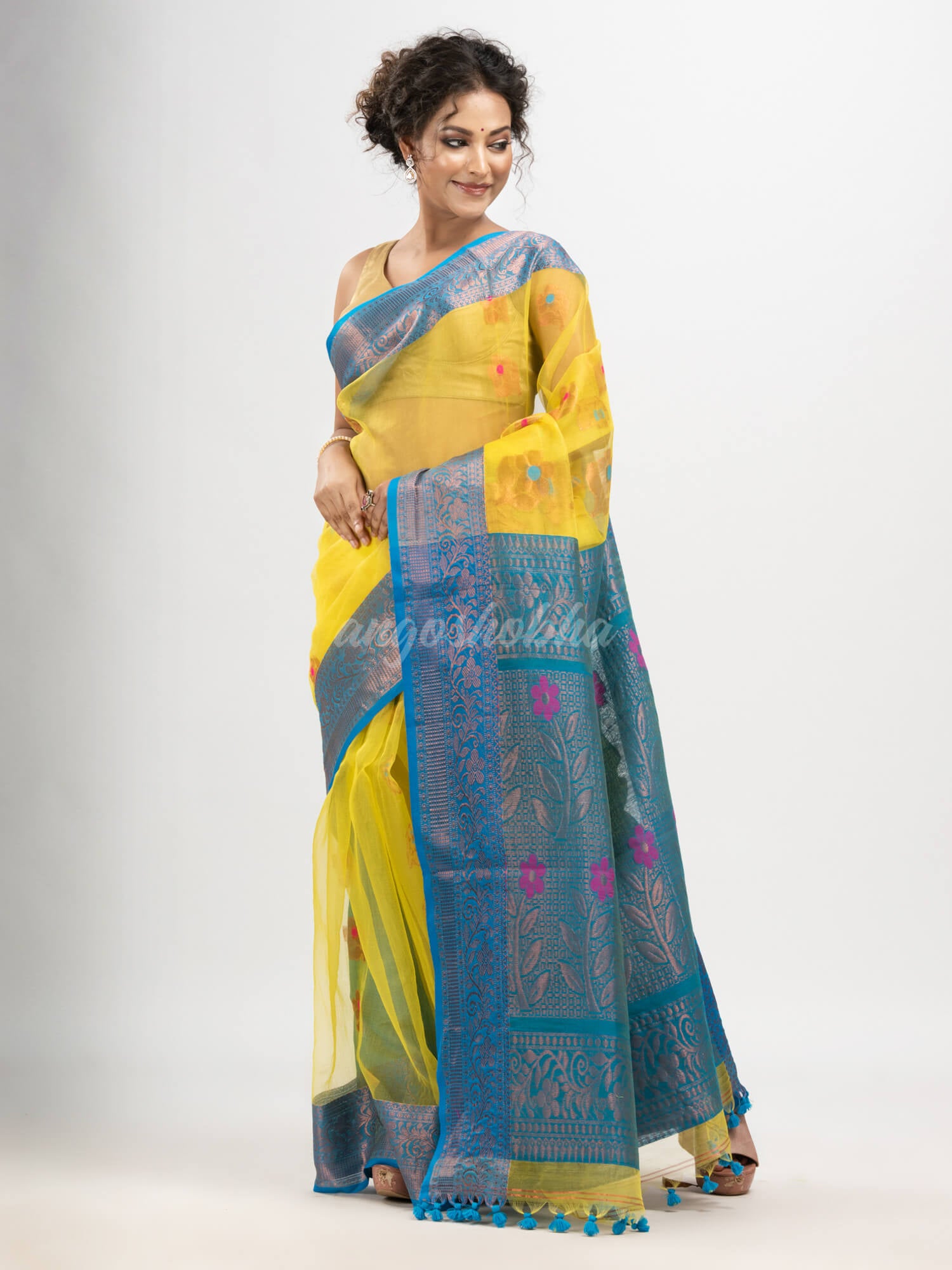 Yellow art silk Muslin Jacquard Jamdani saree