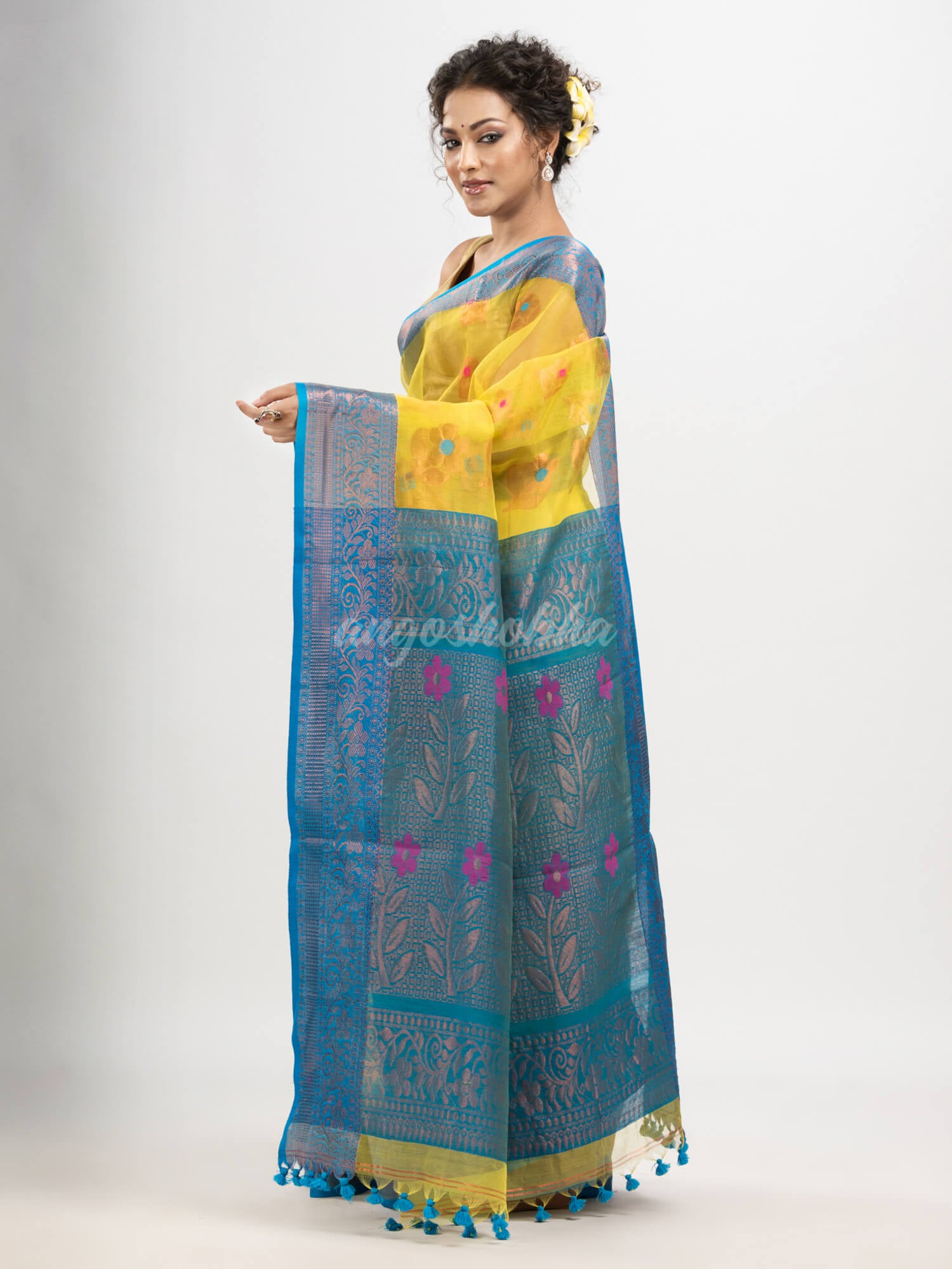 Yellow art silk Muslin Jacquard Jamdani saree