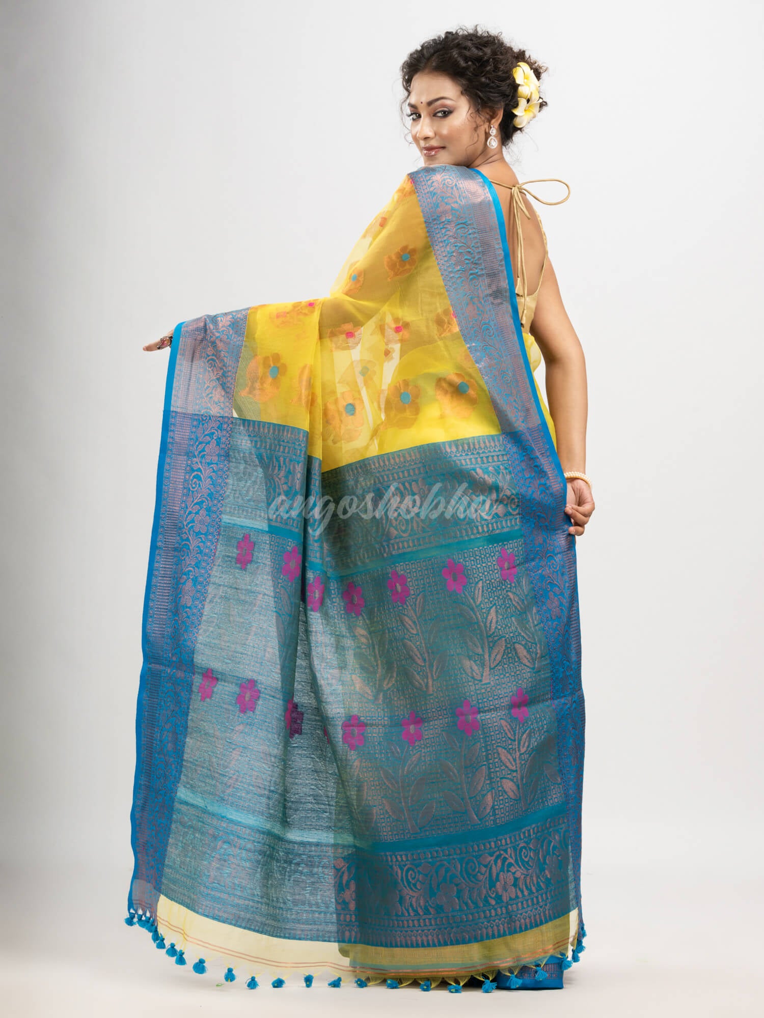 Yellow art silk Muslin Jacquard Jamdani saree