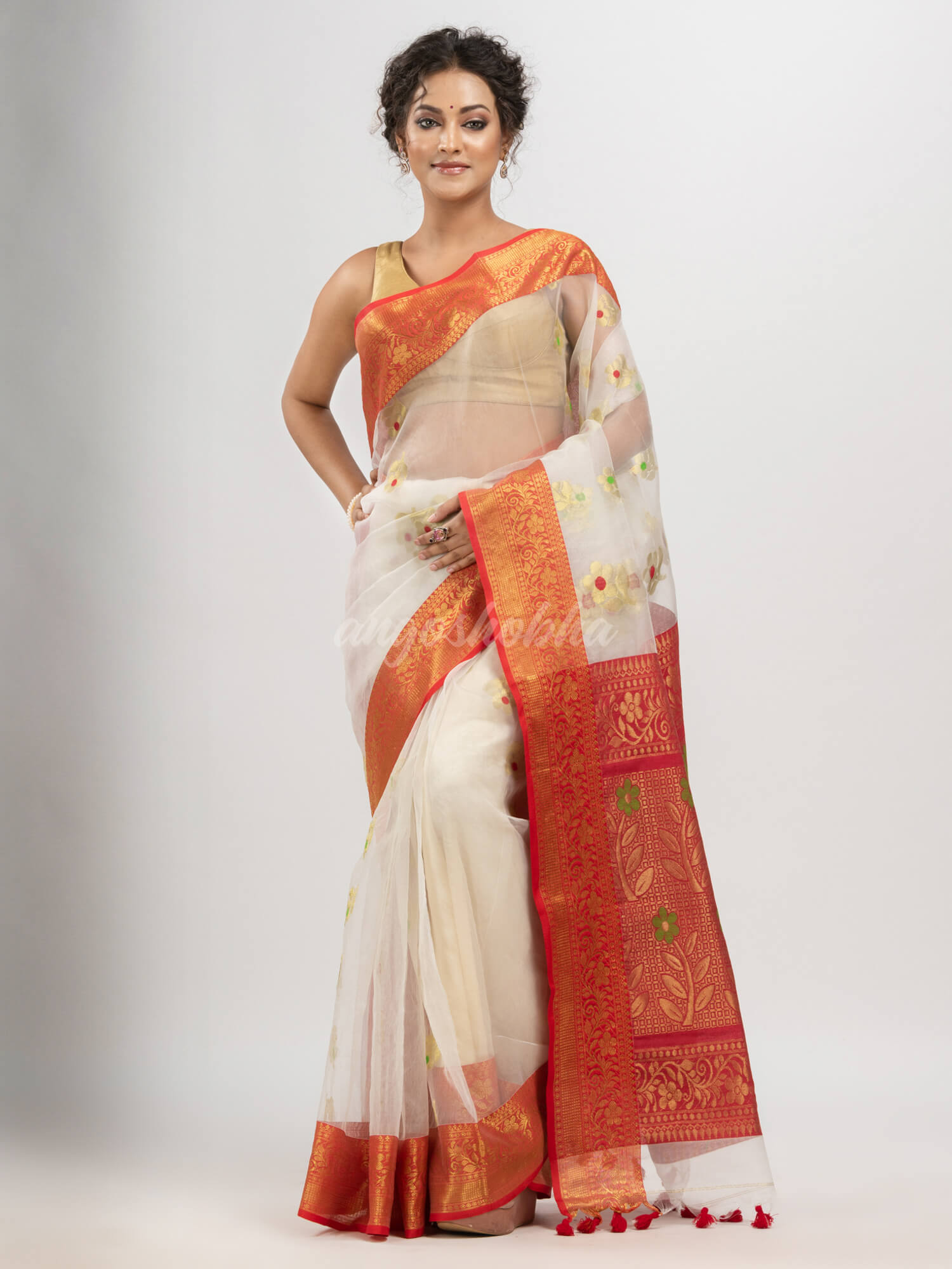 White art silk Muslin Jacquard Jamdani saree