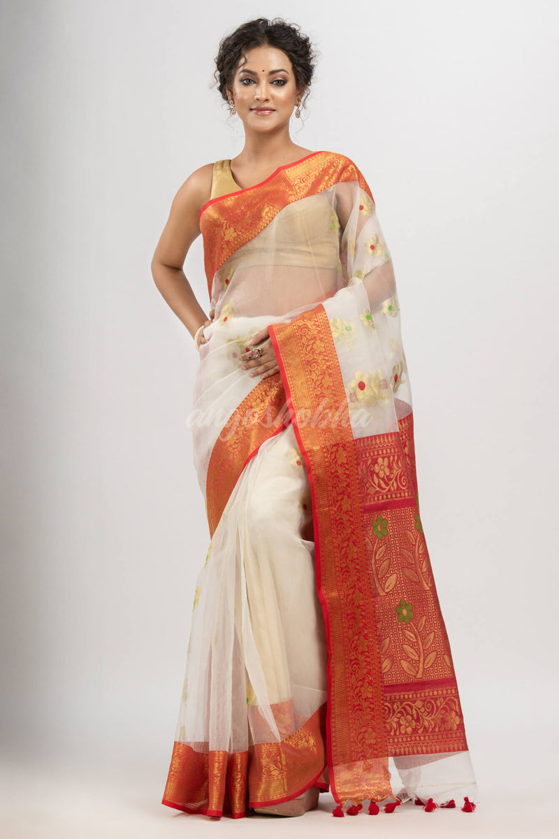 White art silk Muslin Jacquard Jamdani saree