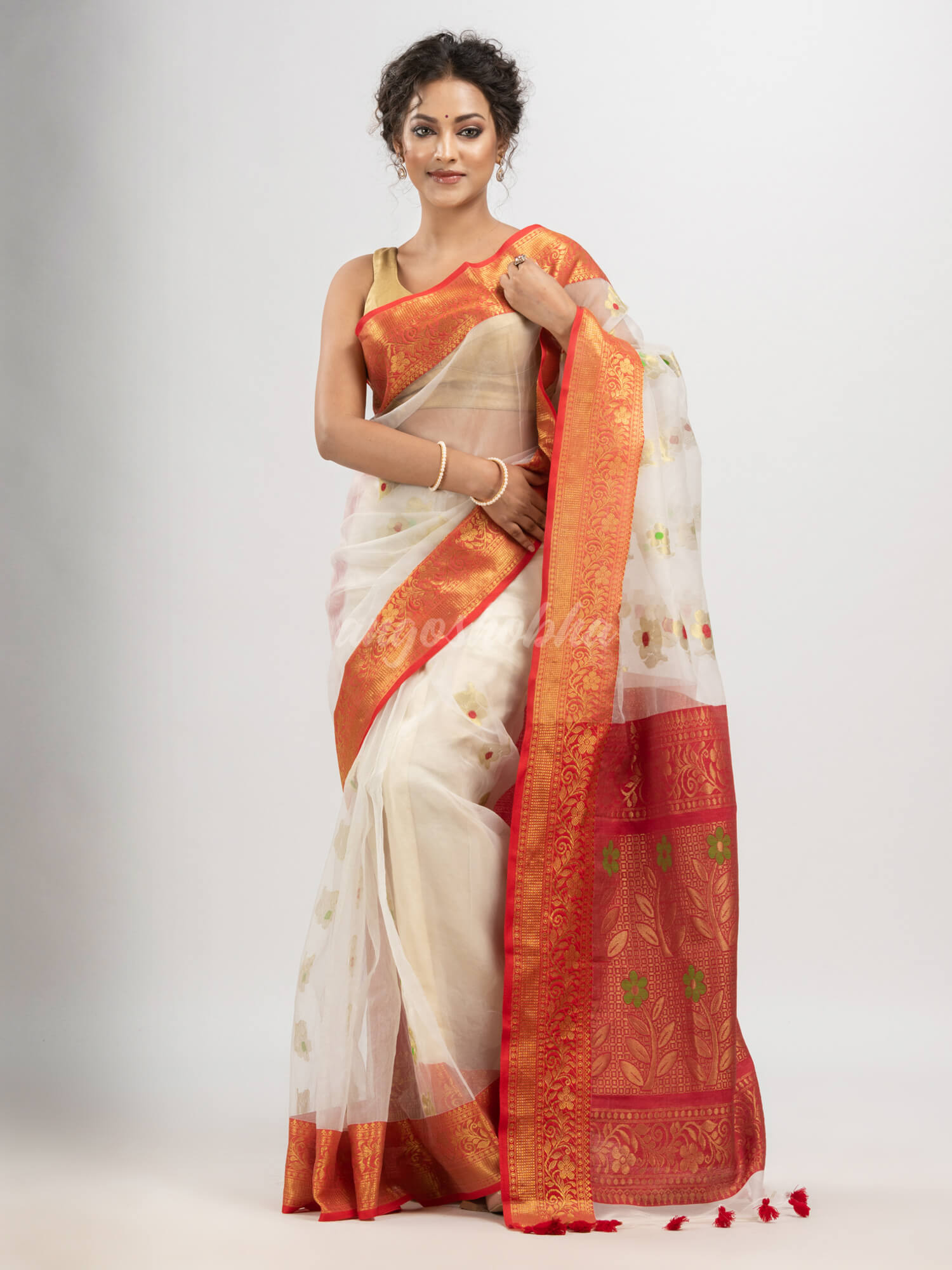 White art silk Muslin Jacquard Jamdani saree