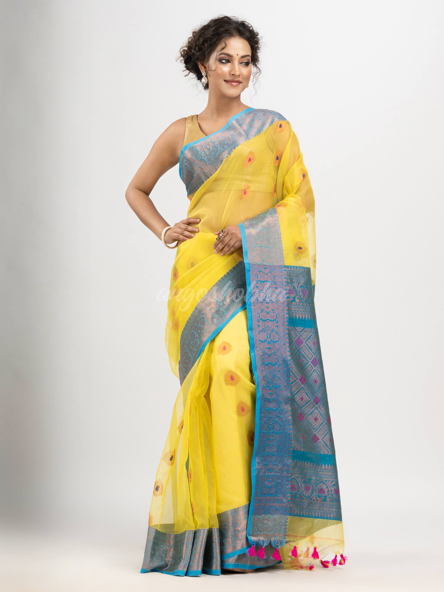 Yellow art silk Muslin Jacquard Jamdani saree
