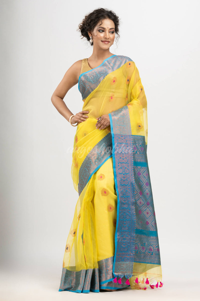 Yellow art silk Muslin Jacquard Jamdani saree