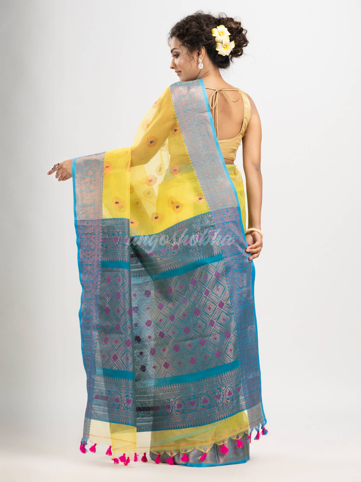 Yellow art silk Muslin Jacquard Jamdani saree
