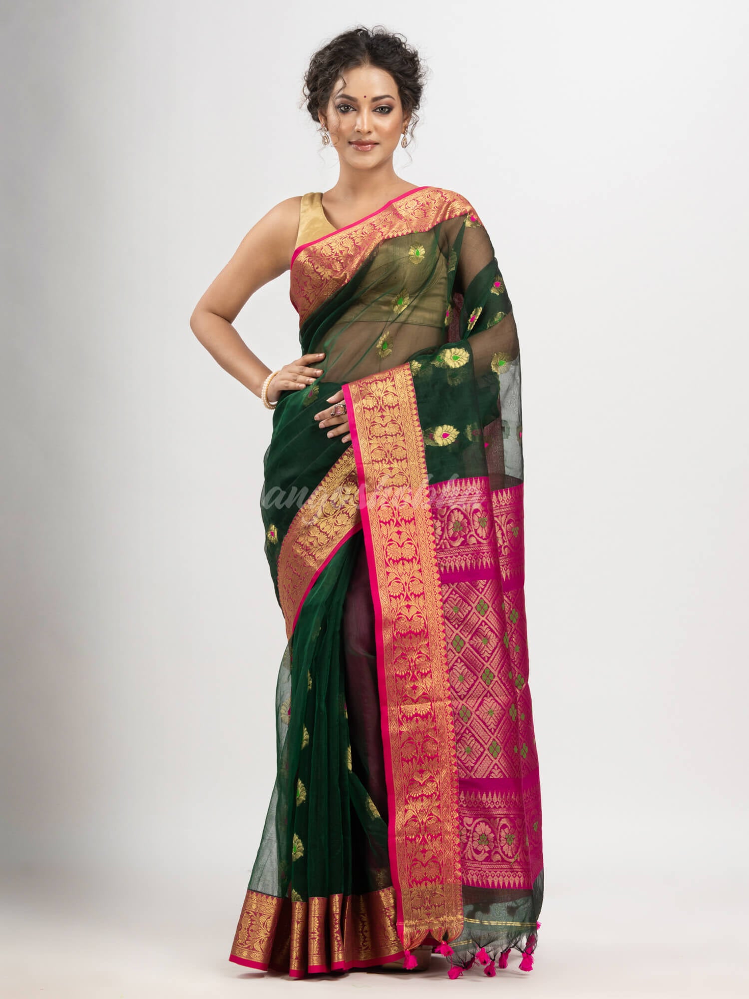 Bottle green with red art silk Muslin Jacquard Jamdani saree