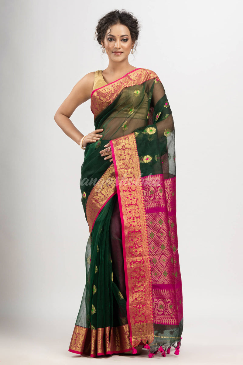 Bottle green with red art silk Muslin Jacquard Jamdani saree