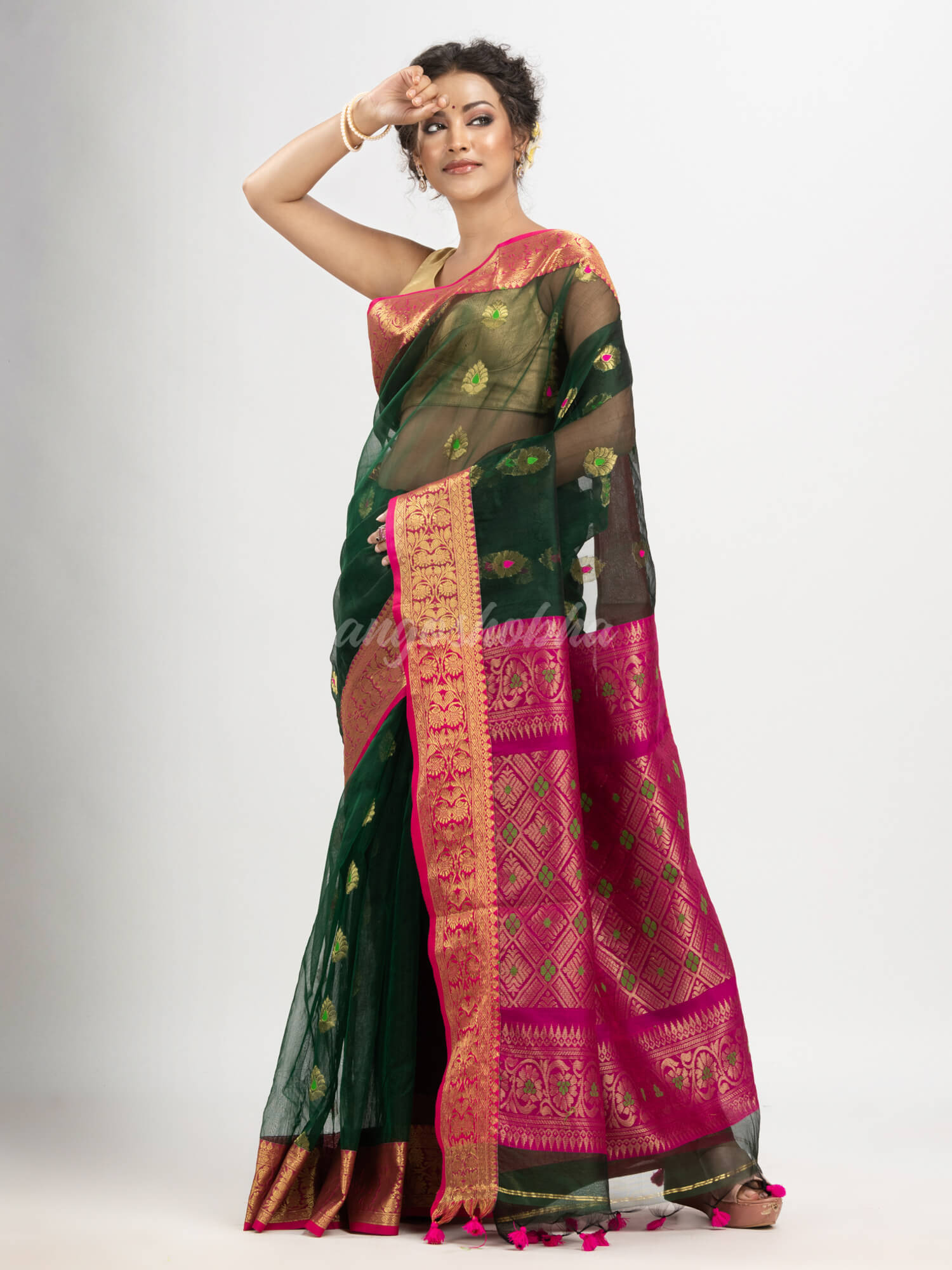 Bottle green with red art silk Muslin Jacquard Jamdani saree
