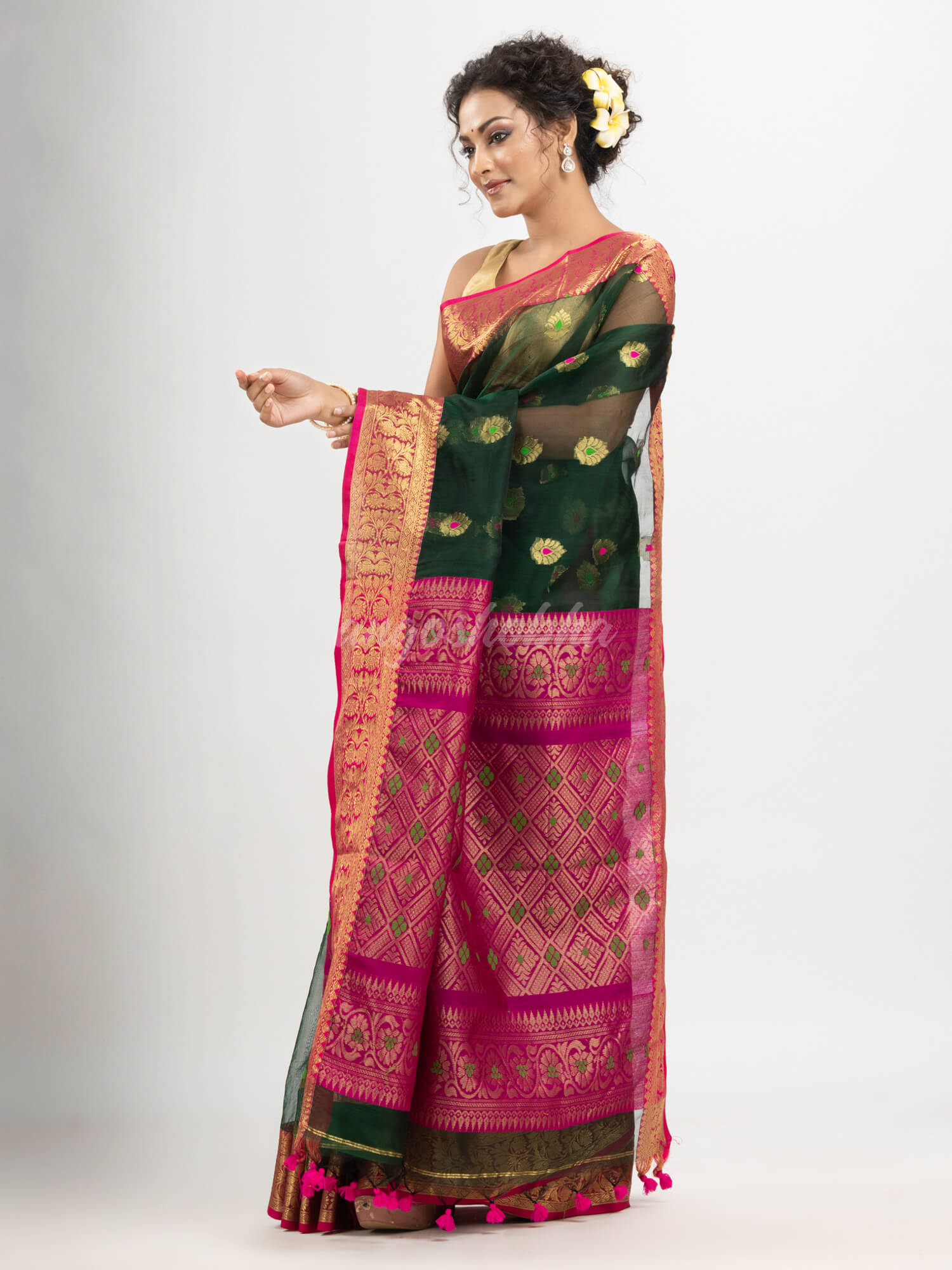 Bottle green with red art silk Muslin Jacquard Jamdani saree