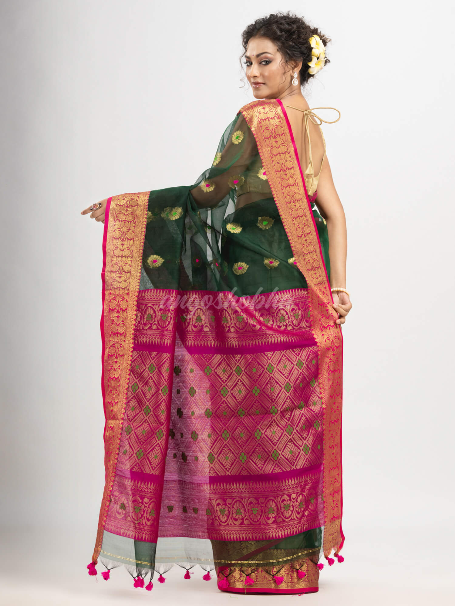 Bottle green with red art silk Muslin Jacquard Jamdani saree