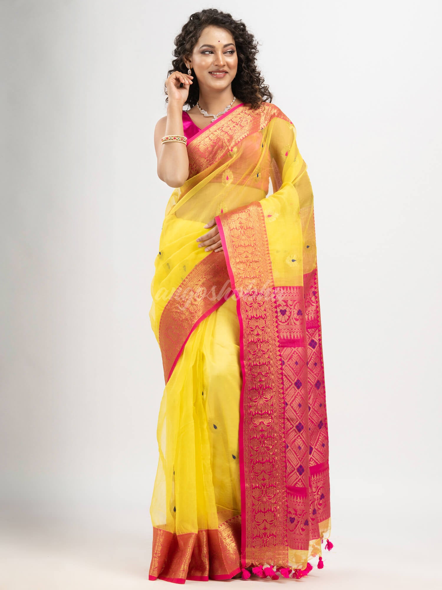 Bright Yellow art silk Muslin Jacquard Jamdani saree