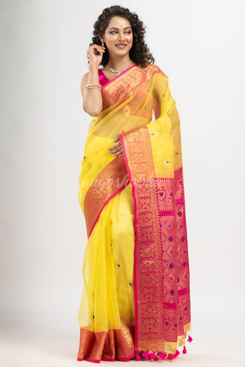Bright Yellow art silk Muslin Jacquard Jamdani saree