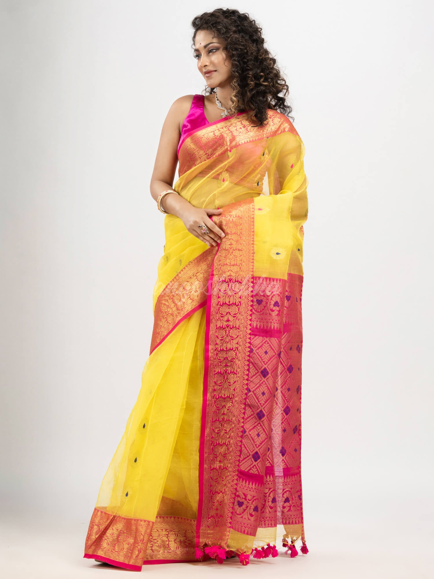 Bright Yellow art silk Muslin Jacquard Jamdani saree