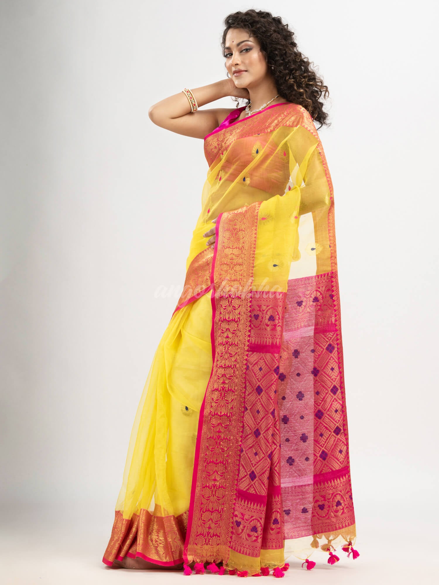 Bright Yellow art silk Muslin Jacquard Jamdani saree