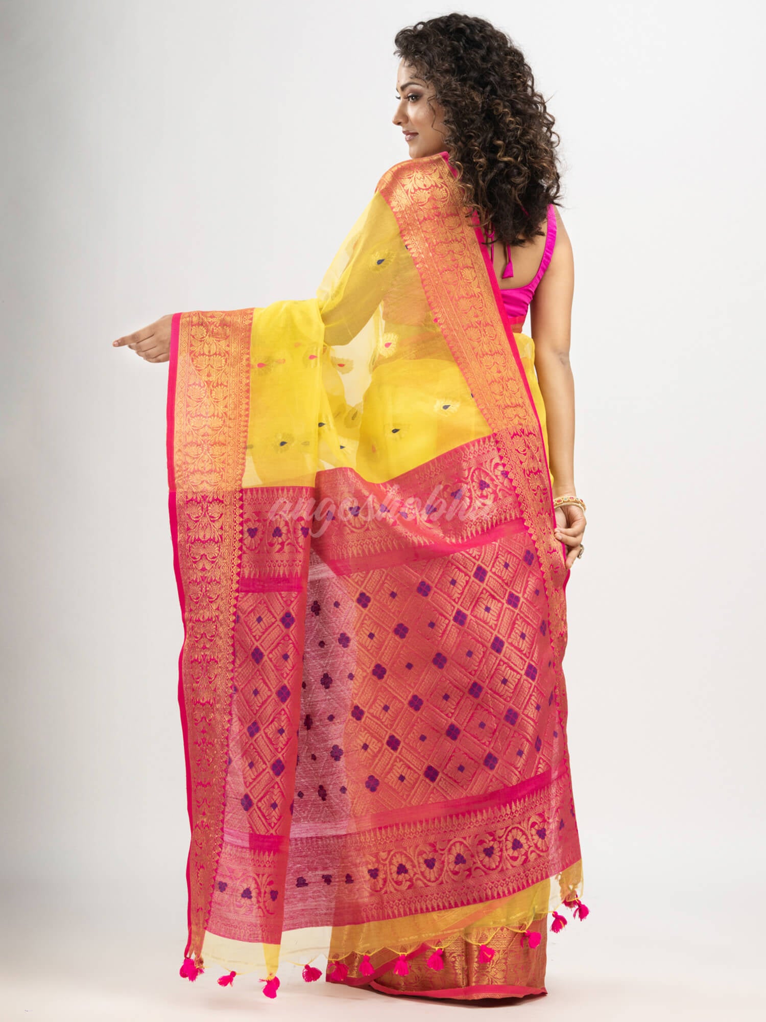 Bright Yellow art silk Muslin Jacquard Jamdani saree