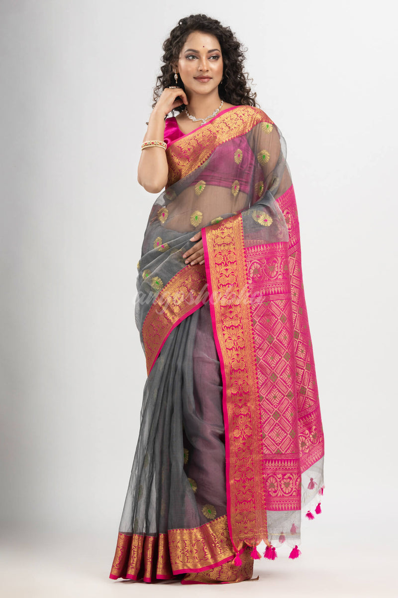 Grey art silk Muslin Jacquard Jamdani saree
