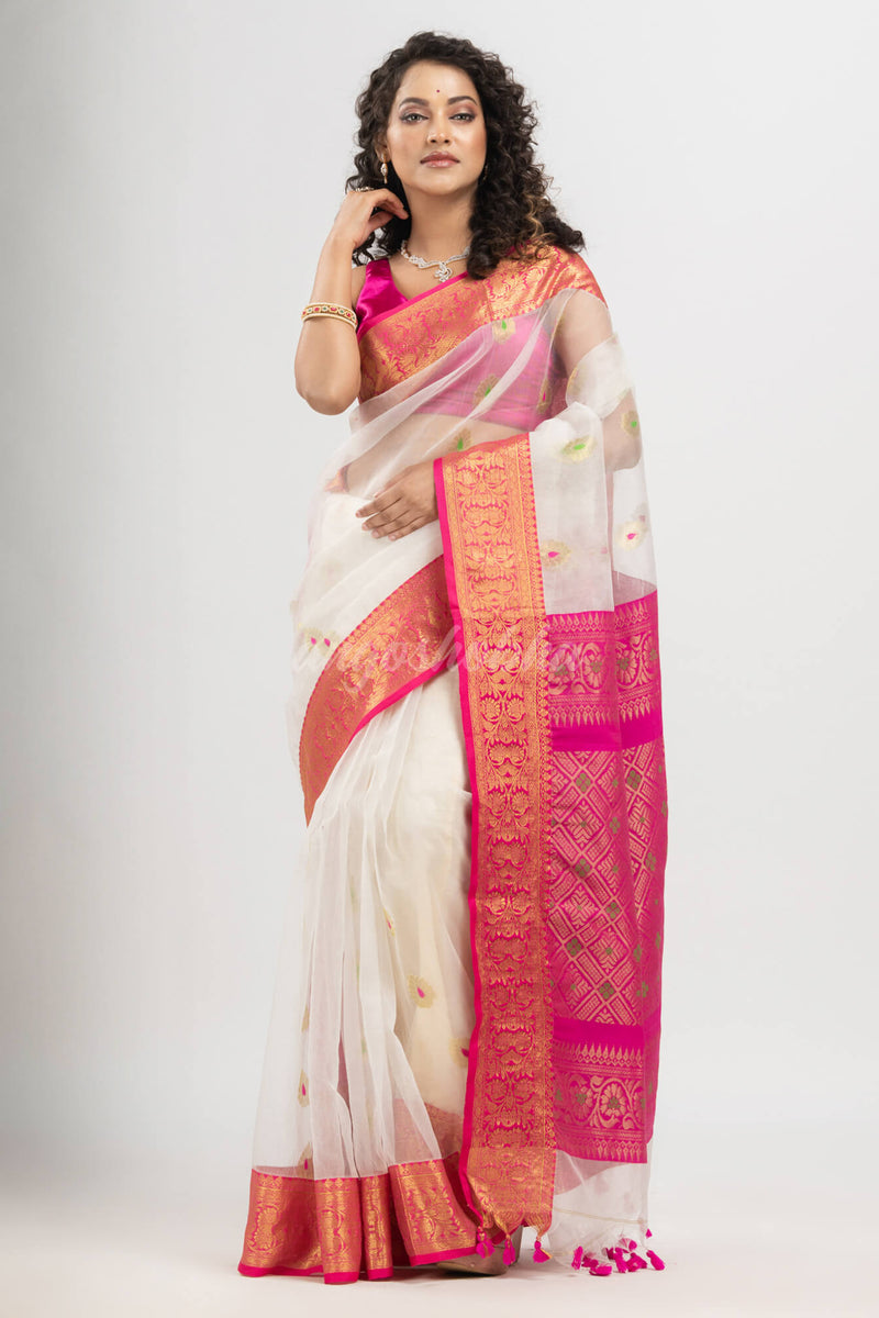 White art silk Muslin Jacquard Jamdani Saree