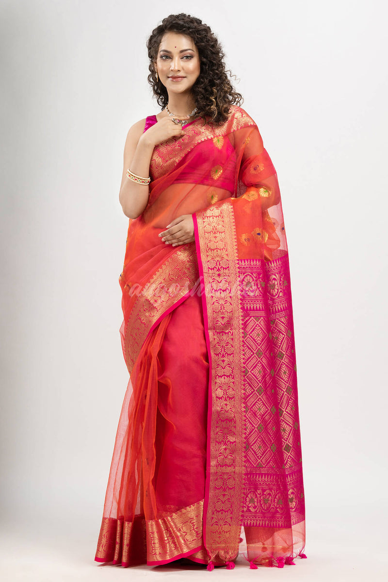 Red art silk Muslin Jacquard Jamdani saree
