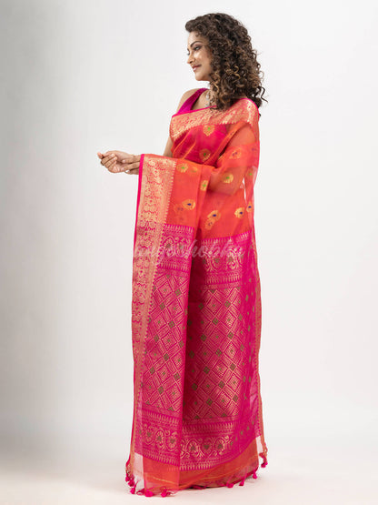 Red art silk Muslin Jacquard Jamdani saree