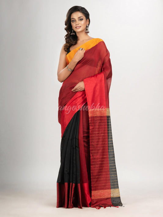 Maroon & Black cotton blend half and half handloom saree