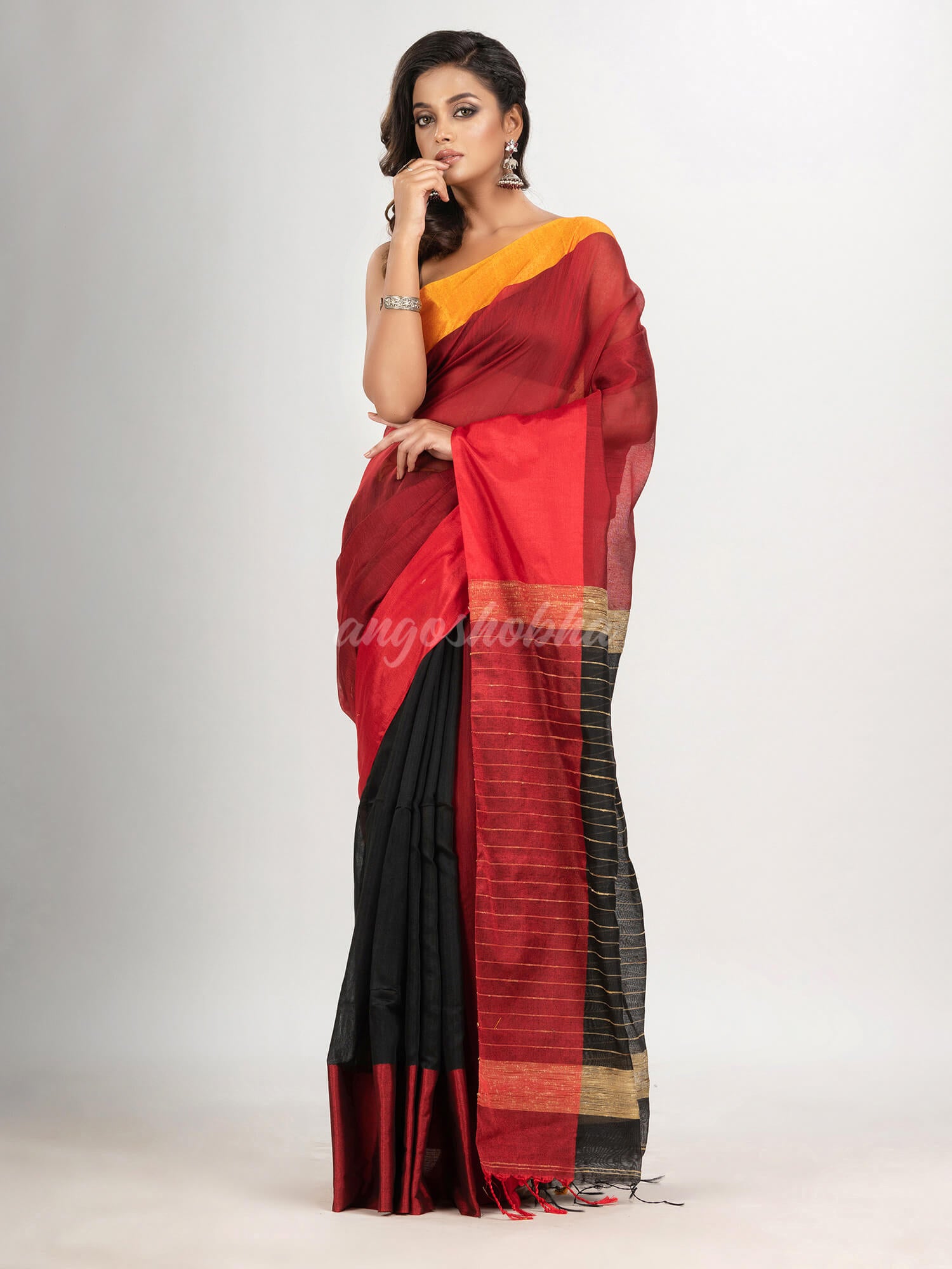 Maroon & Black cotton blend half and half handloom saree