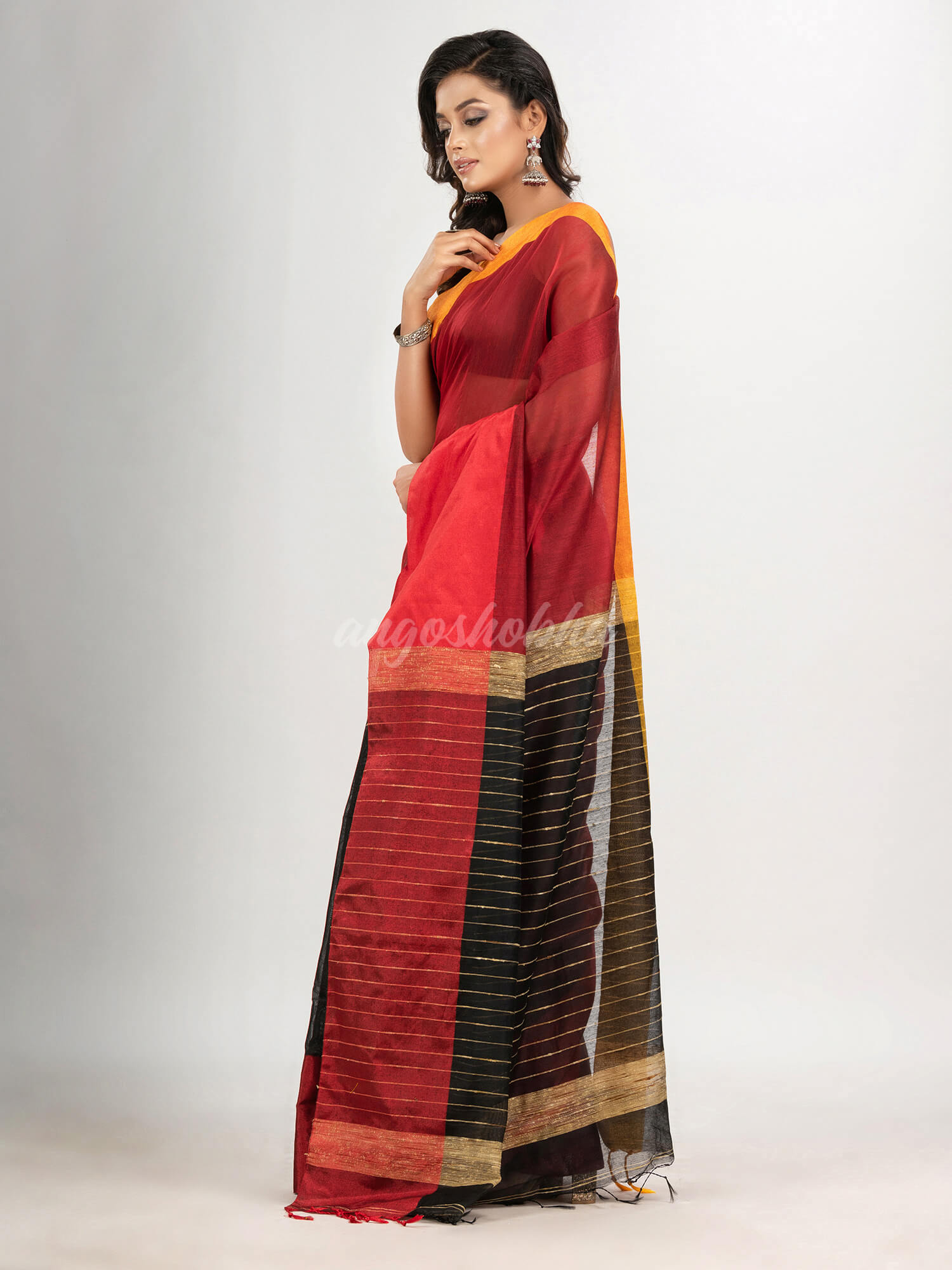 Maroon & Black cotton blend half and half handloom saree