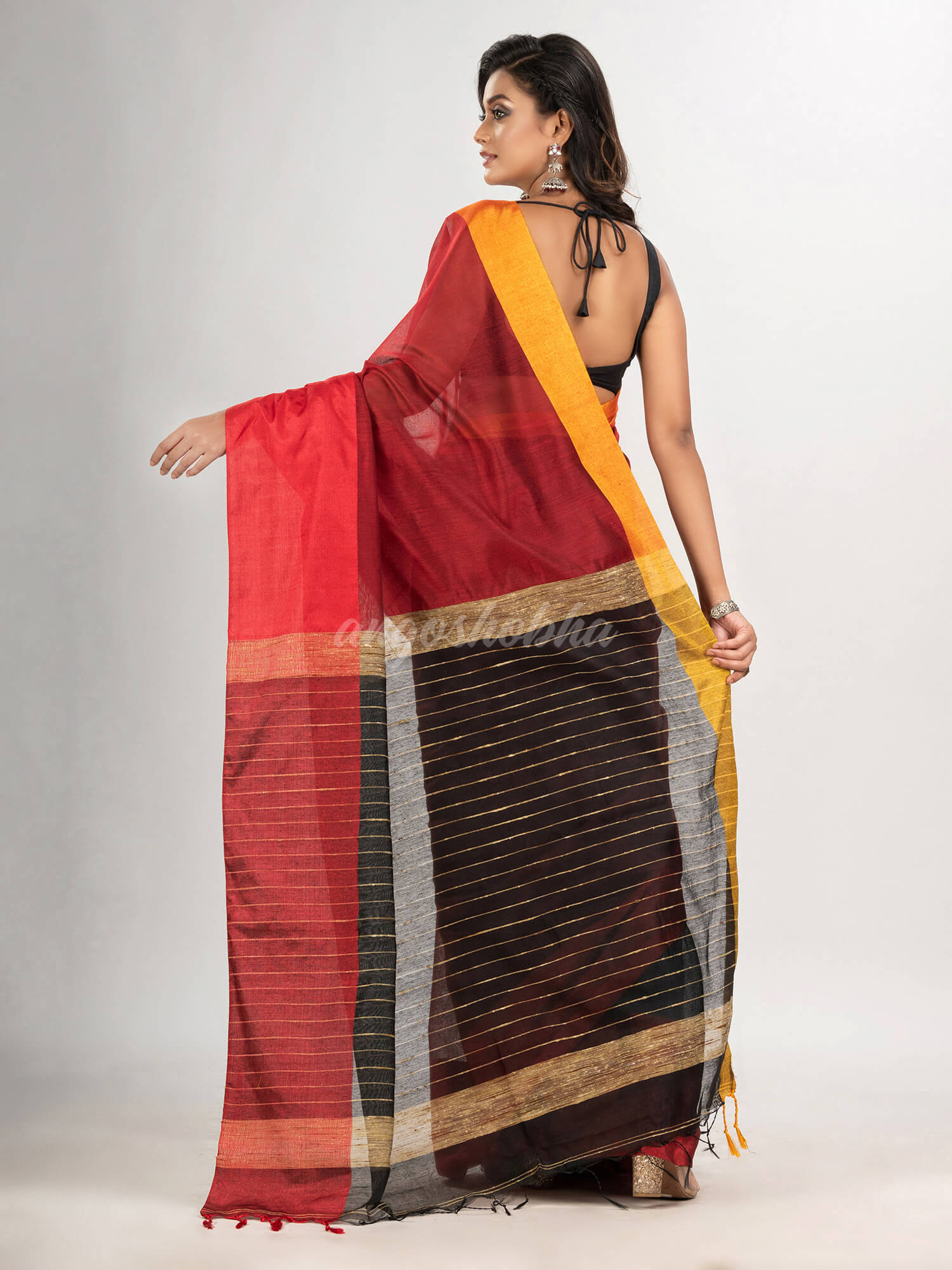 Maroon & Black cotton blend half and half handloom saree