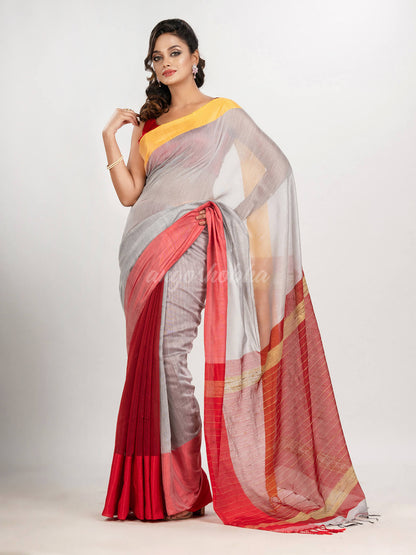 White & Red cotton blend half and half handloom saree