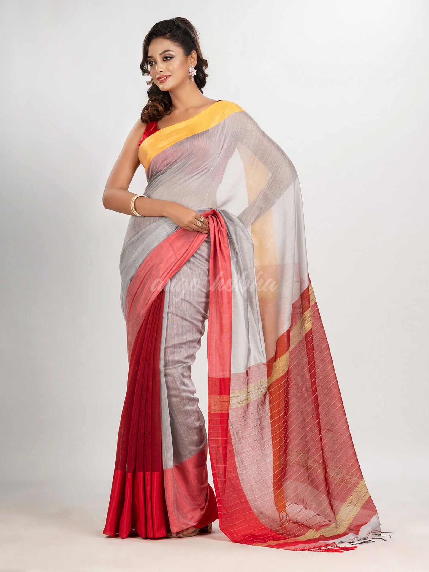 White & Red cotton blend half and half handloom saree