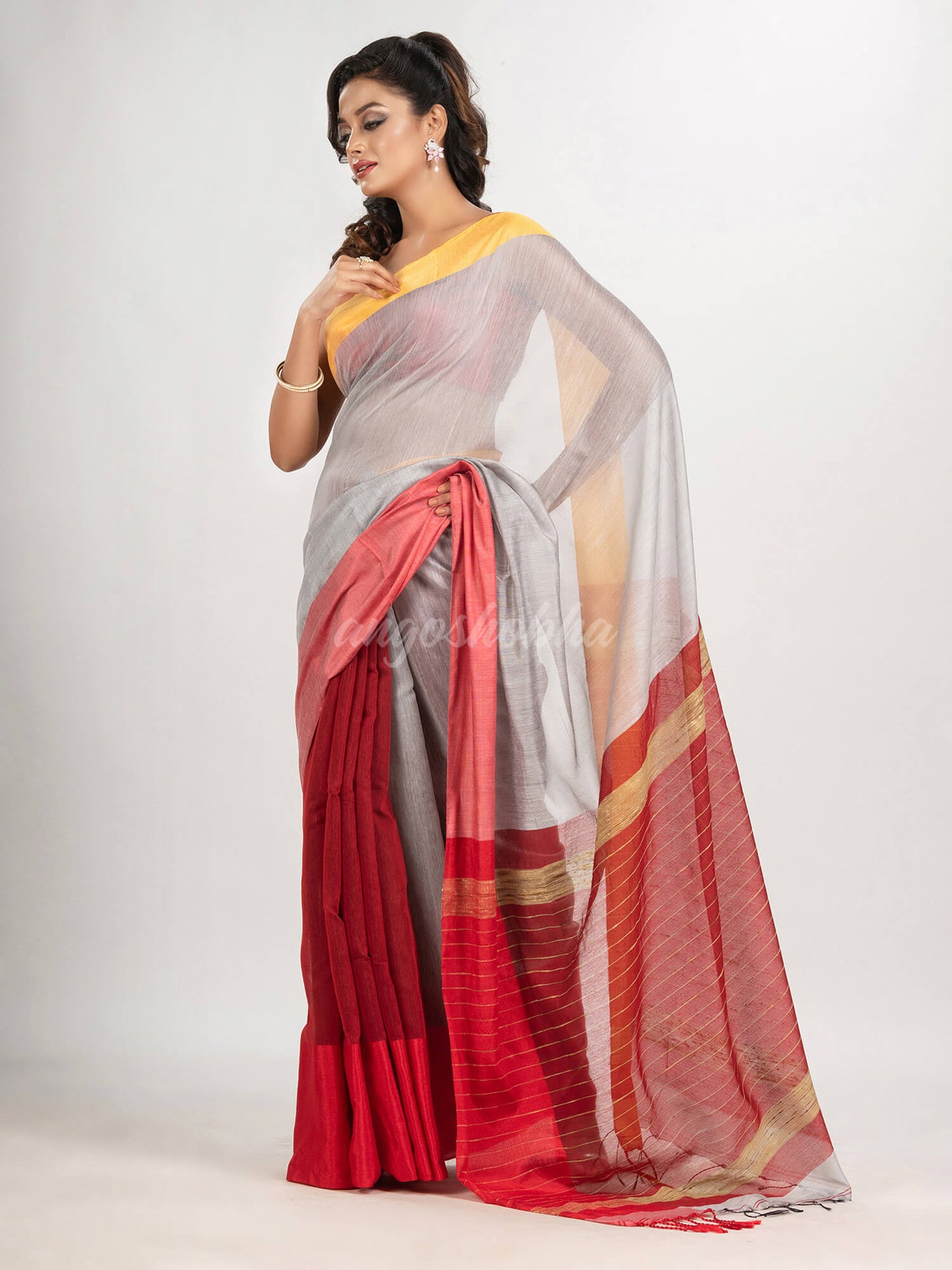 White & Red cotton blend half and half handloom saree