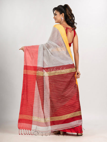 White & Red cotton blend half and half handloom saree