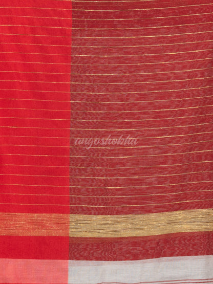 White & Red cotton blend half and half handloom saree