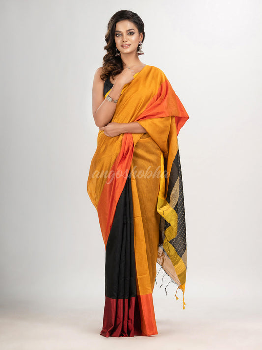 Yellow & Black cotton blend half and half handloom saree