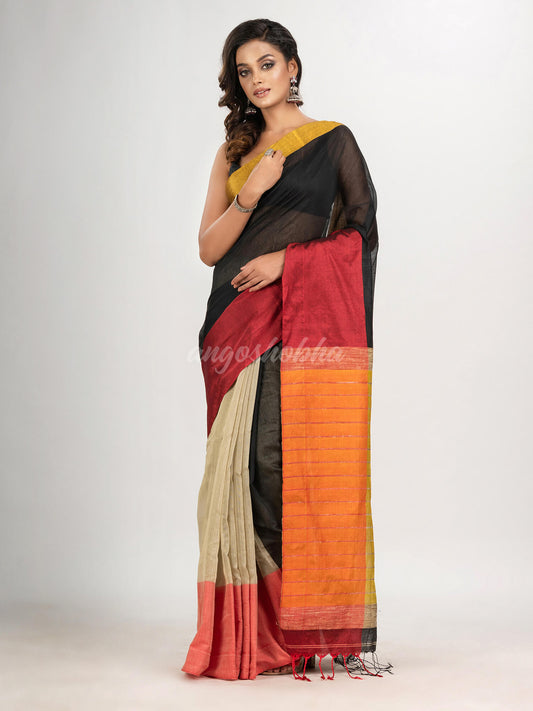 Black & Muga cotton blend half and half handloom saree