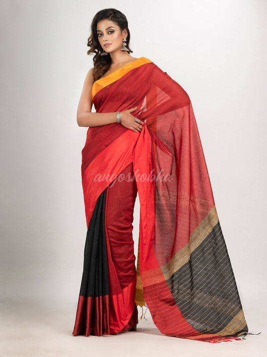 Red & Black cotton blend half and half handloom saree