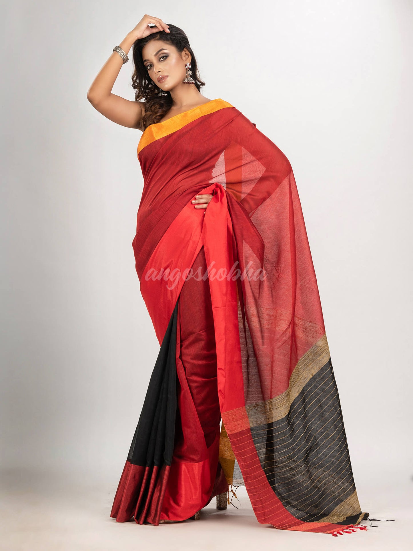 Red & Black cotton blend half and half handloom saree