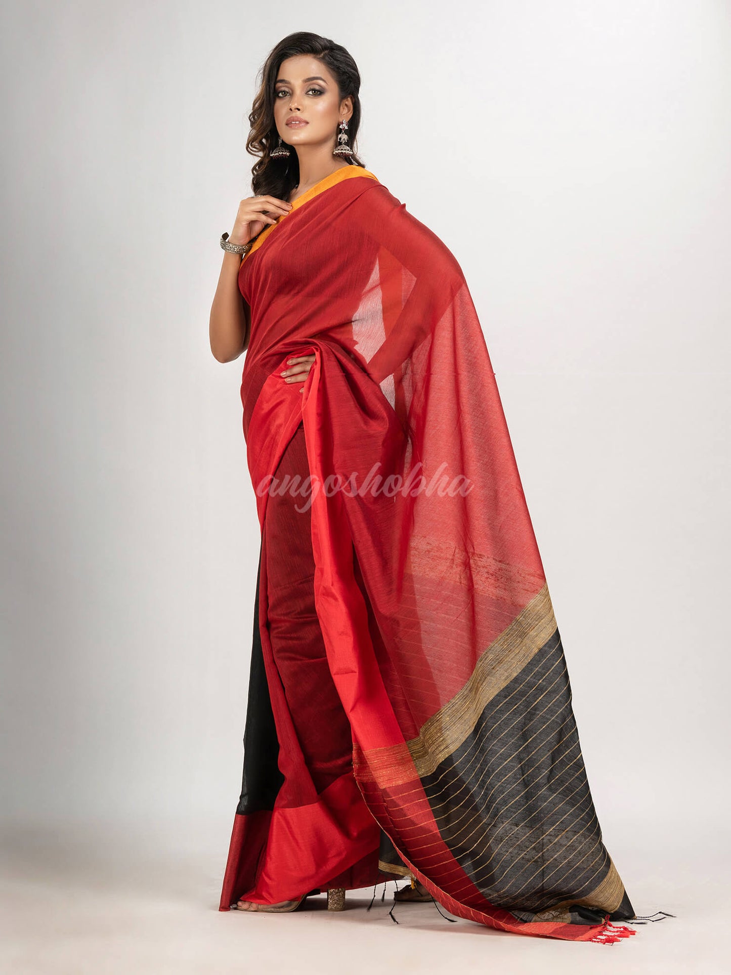 Red & Black cotton blend half and half handloom saree