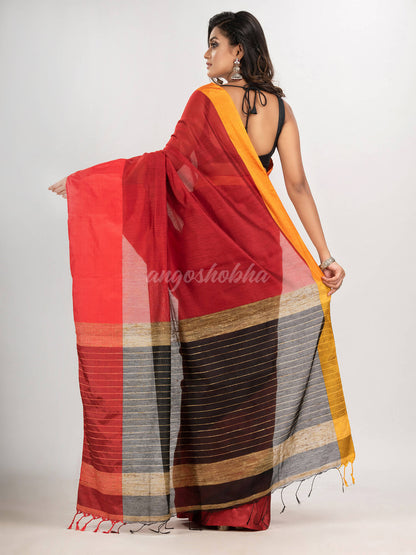 Red & Black cotton blend half and half handloom saree