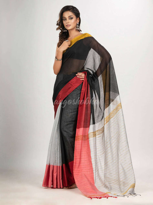 Black & White cotton blend half and half handloom saree