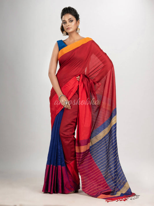 Red & Blue cotton blend half and half handloom saree