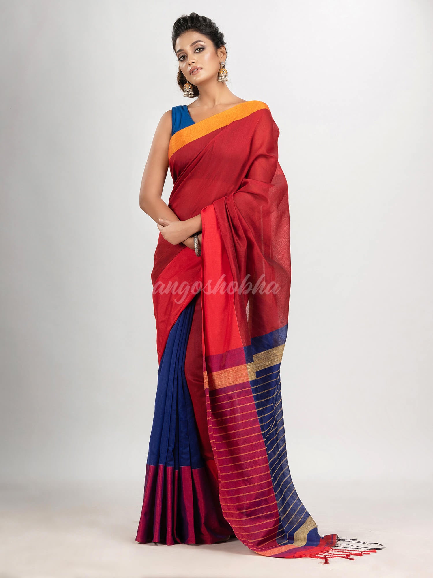 Red & Blue cotton blend half and half handloom saree