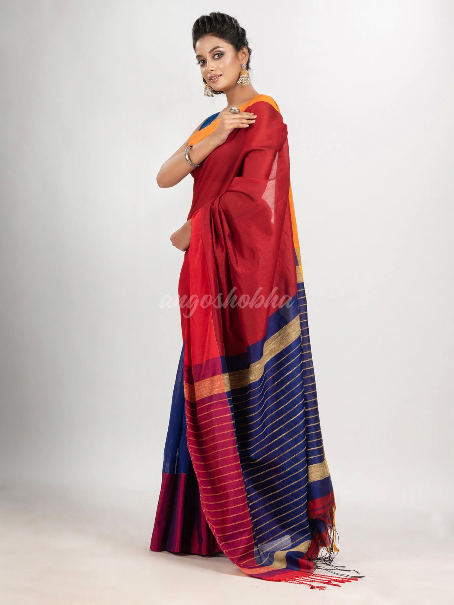 Red & Blue cotton blend half and half handloom saree