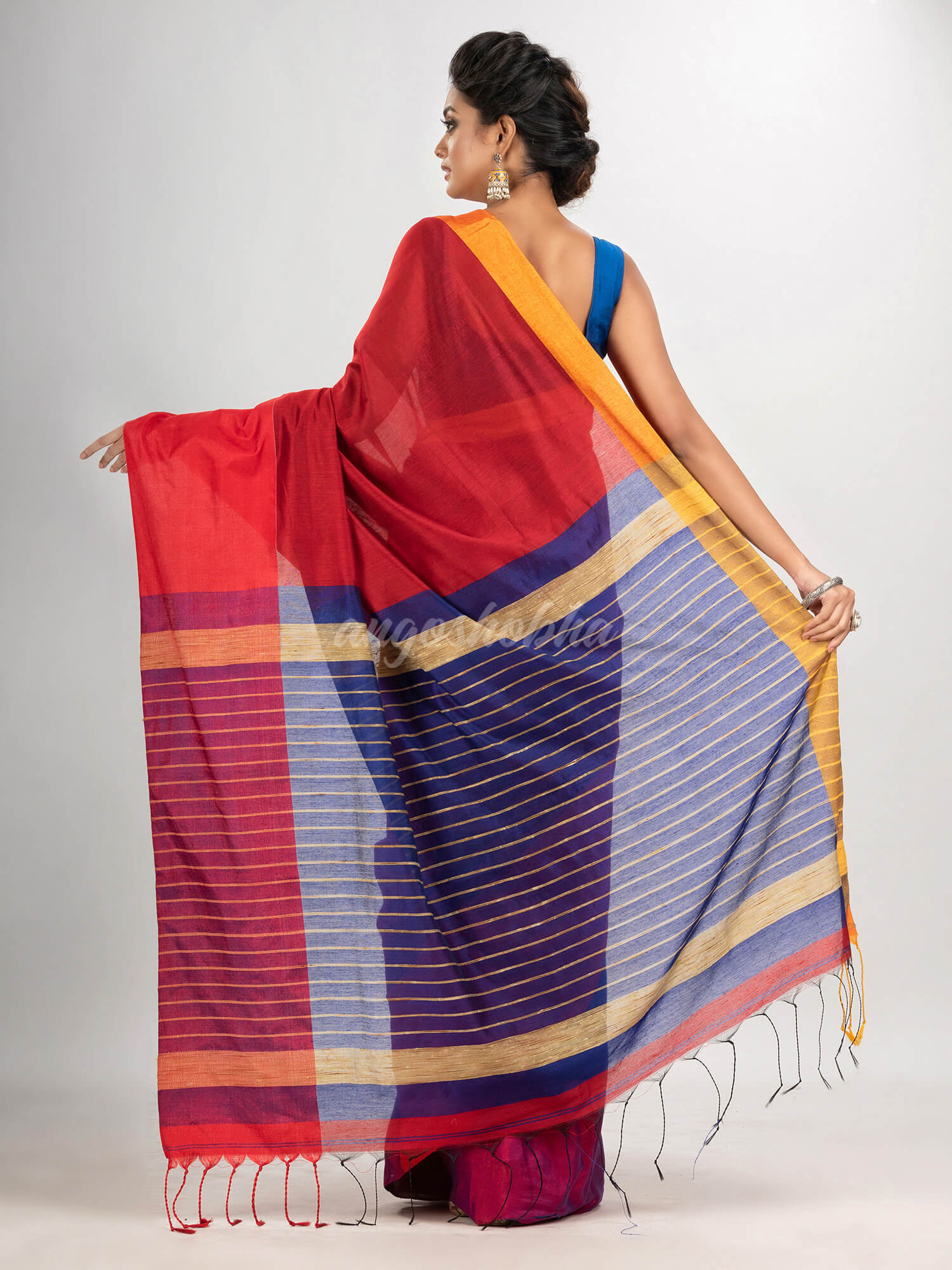 Red & Blue cotton blend half and half handloom saree