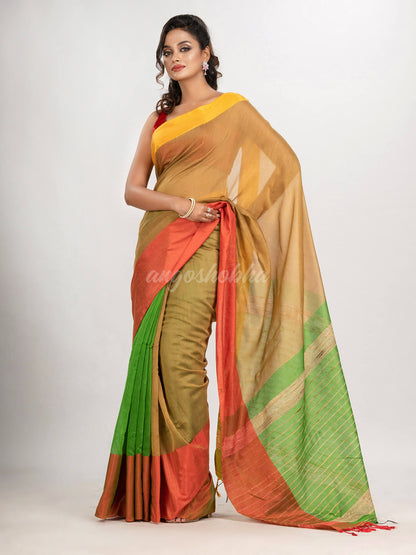 Muga & Light Green cotton blend half and half handloom saree