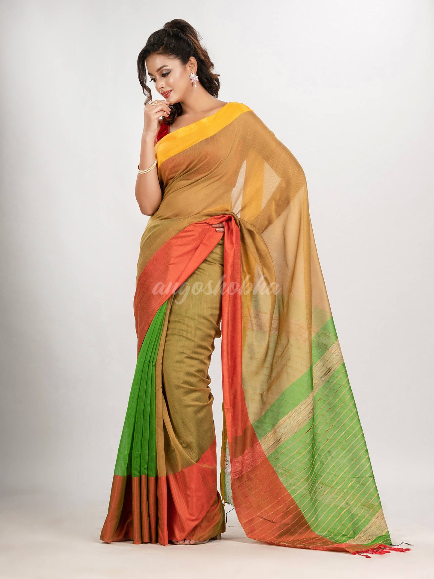 Muga & Light Green cotton blend half and half handloom saree