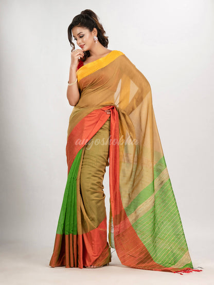 Muga & Light Green cotton blend half and half handloom saree