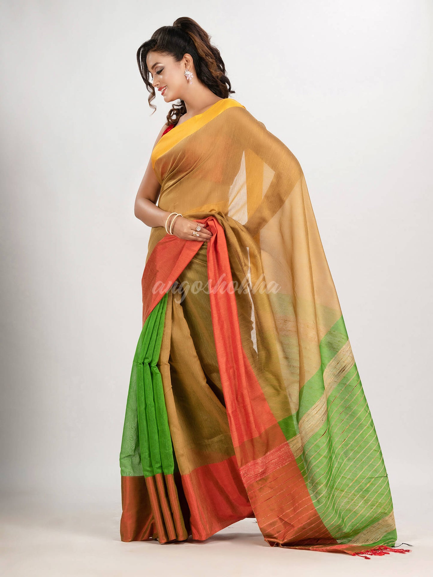 Muga & Light Green cotton blend half and half handloom saree